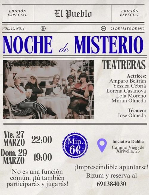 portada del periódico "el pueblo" de 1930 con una foto de las actrices tomando algo en un cafe de época, con el nobre de las actrices a pie de foto. Fecha, horario y ubicación de la actuación