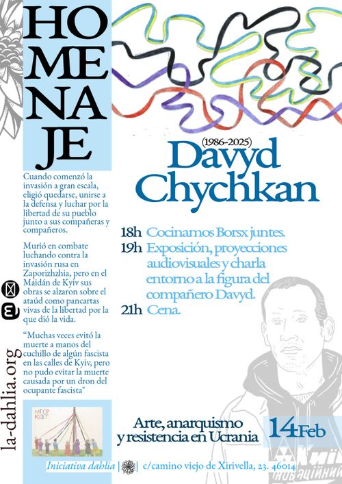 cartel con fondo blanco y letras en tonos de azules con alguna franja de detalle en azul celeste. Aparece un dibujo a mano alzada de Davyd en la esquina inferior derecha en transparencia. En la parte superior unas cintas con los colores de ucrania, rojo, morado y negro, que forman parte de su obra, en el esquina inferior en tamaño pequeño una de sus obras, unes niñes vestidos con los colores de su obra, enrollando esas cintas en una estaca. Acompañado de unas líneas de su biografía y el texto de la actividad