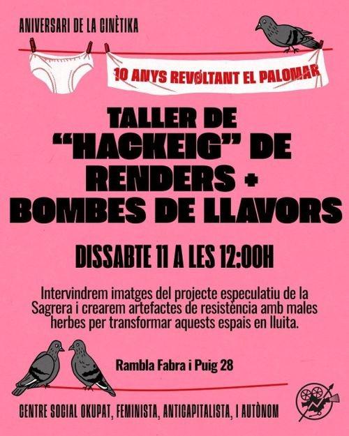 Taller de hackeig de renders + bombes de llavors de promocions urbanístiques de la Sagrera. En aquest taller explorarem de manera visual el paper de les imatges que genera el capitalisme urbanístic i desenvoluparem uns artefactes de resistència a partir de “males” herbes per afectar la seva ficció i apropiar-nos dels espais perduts.