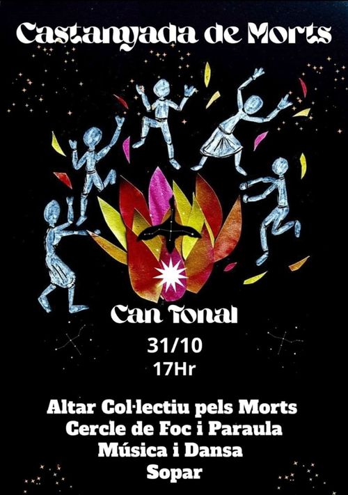 cartell sobre fons negre. Dibuix de foguera i figures pàlides ballant, com de colalge o dibuix a mà. sensació tètrica-comunitària-bruixil