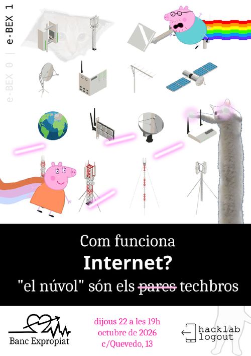 Una imatge a blanc i negre, amb tocs vermells-

En la part superior esquerra hi ha el text "e-BEX 1" orientat verticalment.

Al centre, tenim uns dibuixos de satèl·lits, servidors, antenes i gatets.

En la part inferior es llegeix el text: "Com funciona Internet? 'el núvol' són els pares(ratllat) techbros"

Seguit finalment d'esquerra a dreta de:
- El logo del Banc Expropiat
- 22 octubre 2026 a les 19h. c/ Quevedo, 13
- El logo del hacklab logout
